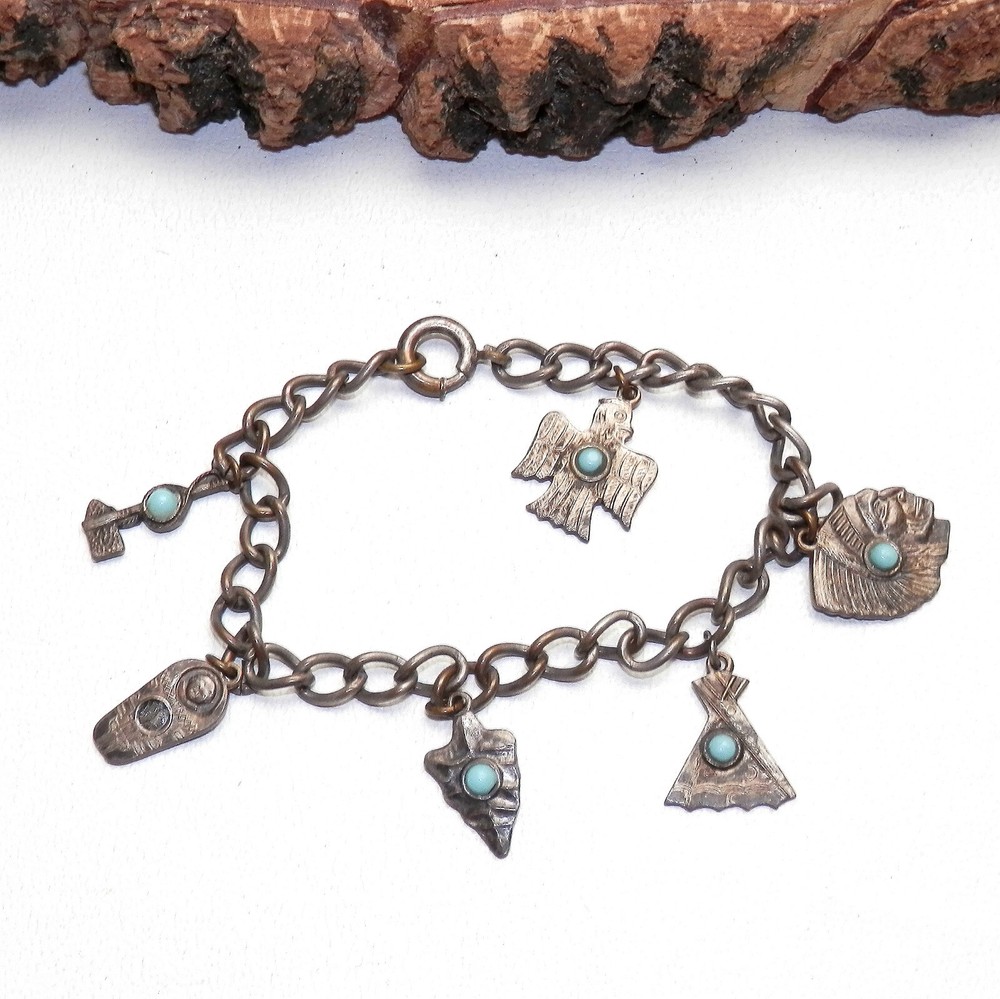 VINTAGE FAUX TURQUOISE Silver Tone SOUTH WESTERN CHARM BRACELET 6 3/4 Inch