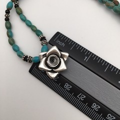 925 Sterling Silver Natural Turquoise & Black Onyx Flower Necklace 20” #42