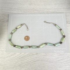 Vintage Sterling Silver Iridescent Green Roman Glass & Beaded Necklace Boho Chic