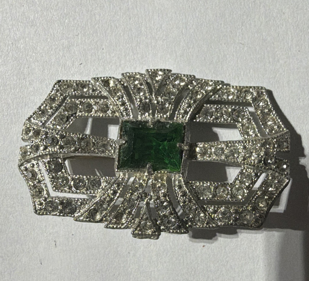 Art Deco Silver-Tone Geometric Brooch Pin w/ Green Square Center Stone