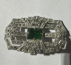 Art Deco Silver-Tone Geometric Brooch Pin w/ Green Square Center Stone