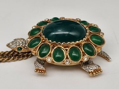 Kenneth Jay Lane KJL Tortoise Turtle Brooch Watch Cabochons & Crystals 26”L