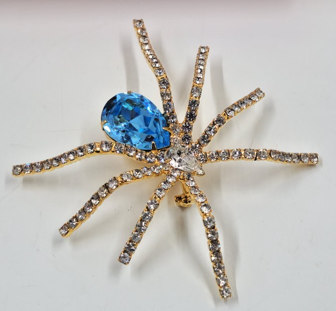 Spider Brooch Pendant Blue Crystal Rhinestone Gold Tone With Box IVANA