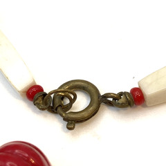 Fun! Red & White Plastic Fruit Salad 34″ Necklace W Dangle Clip Earrings Germany