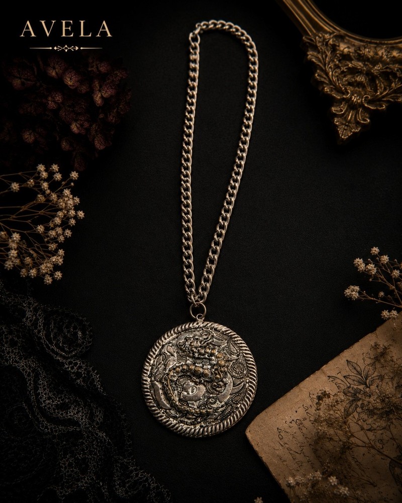 Vintage Asian Dragon Medallion Pendant Necklace | Antique Silver Tone Statement