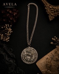 Vintage Asian Dragon Medallion Pendant Necklace | Antique Silver Tone Statement