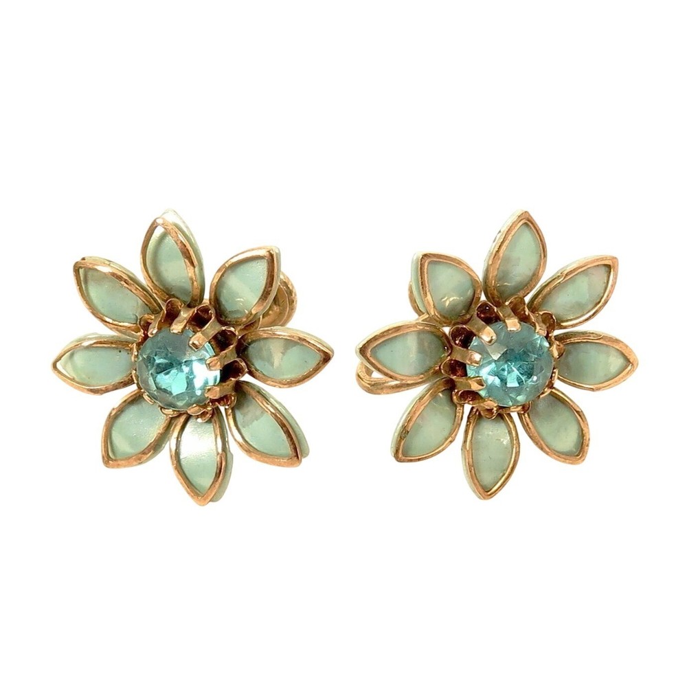 Vintage Blue Topaz Aqua Rhinestone Flower SB Silver Toned Earrings