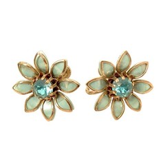 Vintage Blue Topaz Aqua Rhinestone Flower SB Silver Toned Earrings