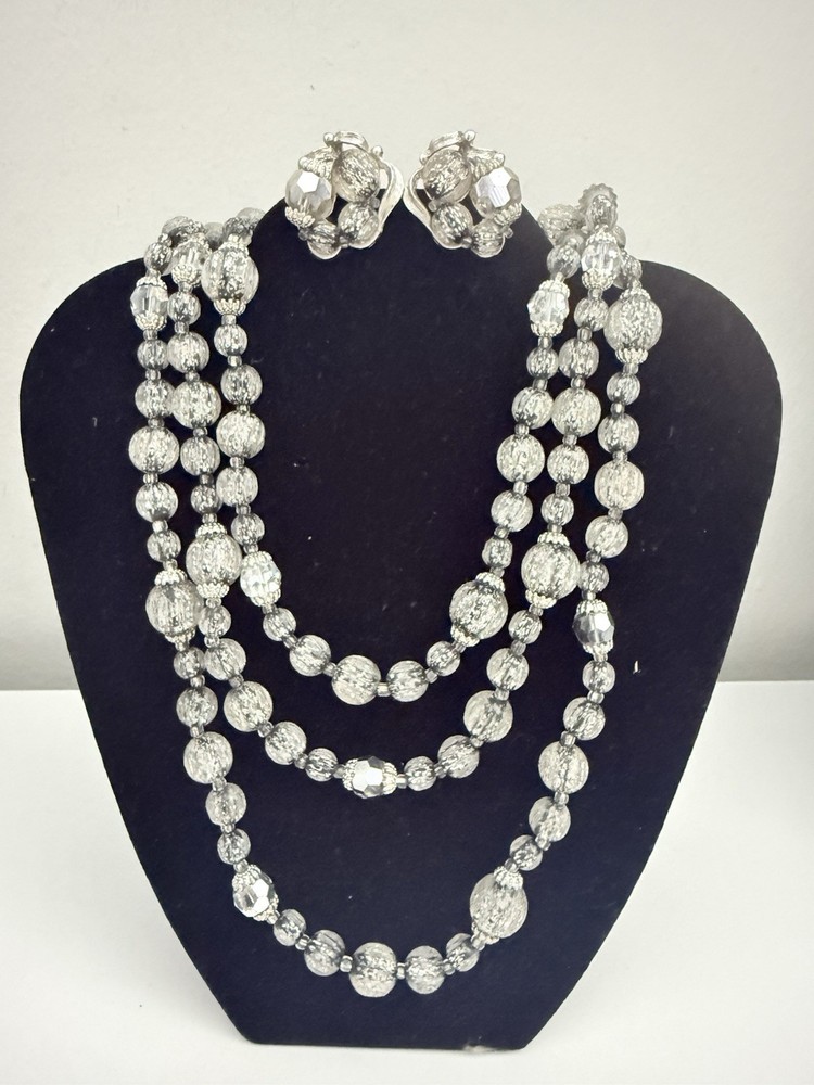 Vintage Judy-Lee 3 Strand Silver Art Glass Bead Necklace Earrings Set