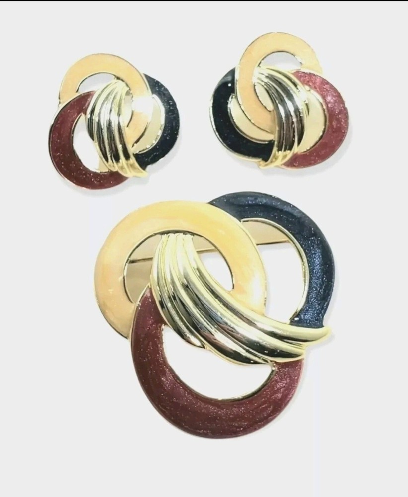 Vintage Estate Pearlescent BROOCH EARRING SET Cream Blue Maroon GoldTone EUC