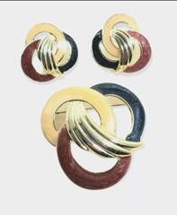Vintage Estate Pearlescent BROOCH EARRING SET Cream Blue Maroon GoldTone EUC