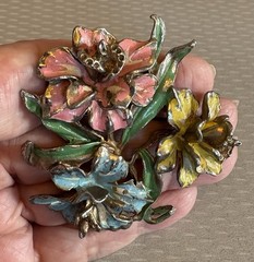 Vintage Pot Metal Enamel Orchid Flower Bouquet Brooch Pink Yellow Blue Green