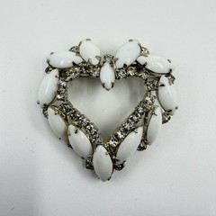 Vintage White Milk Glass Prong Set Heart Brooch Pin Accent Clear Rhinestones 2”
