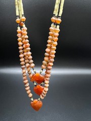 Vintage Carnelian Multi Strand Necklace, Triple Heart Pendant, Faceted Orange