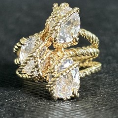 Vintage Gold Tone Rope Cocktail Statement, Ring Clear Glass Stones Size 7.5