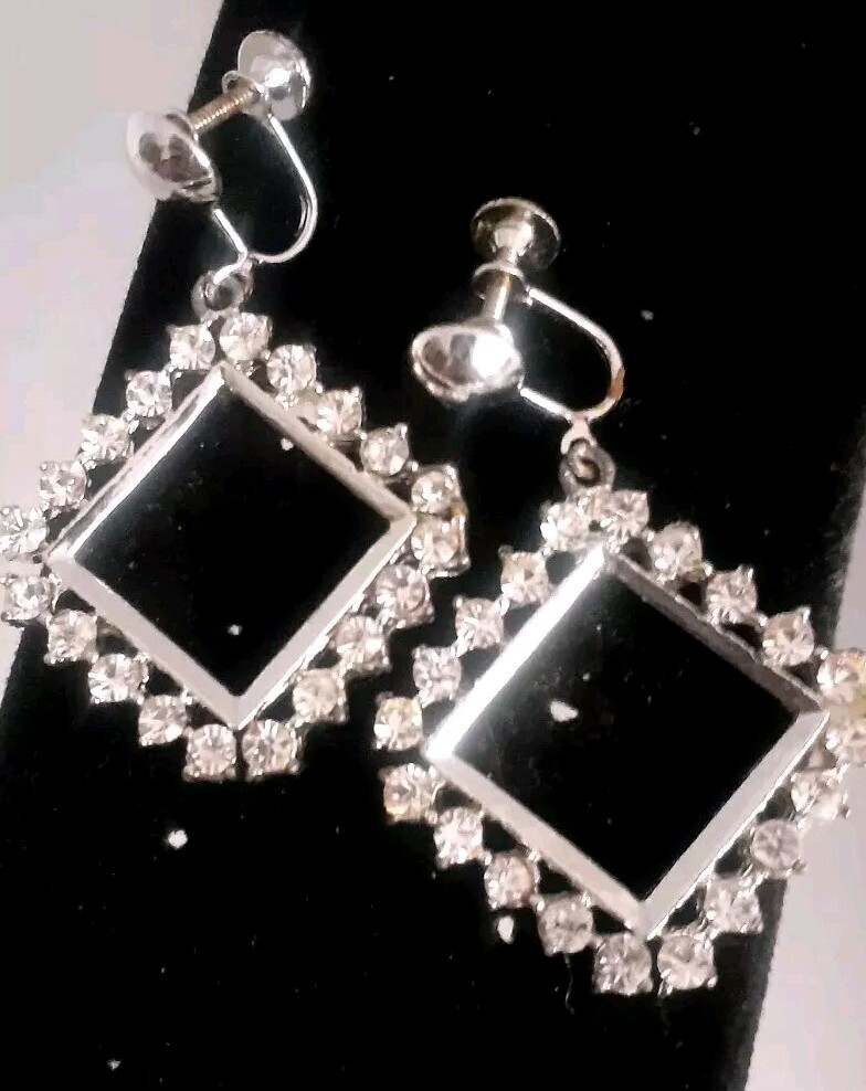Vintage Rhinestone Square Open work Dangle/drop Clip On Earrings
