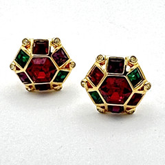 SWAROVSKI vintage earrings – hexagon clip-ons – gold & jewel-tone crystals swan
