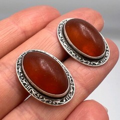Vintage Men’s Jewelry Cufflinks USSR Silver 875 Natural Baltic Amber Marked