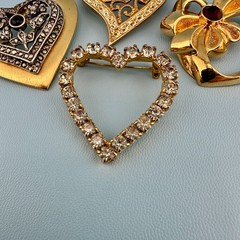 Vintage Heart Brooch Lot Gold Silver Tone Rhinestone Filigree Open Work Ribbon