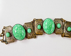 Vintage Czech Ornate Brass Tone Bracelet Filigree Links Peking Glass Cabochons