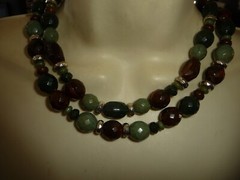 GREEN BROWN BLACK & SILVER TONE BEADS 2 STRANDS NECKLACE #23/5A