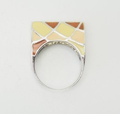 Vintage sterling silver brown pink yellow enamel funky geometry ring sz 8.5