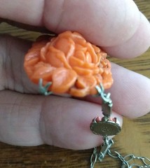 Antique coral colored Rose molded glass & Rhodium Plated Deco Necklace Pendant