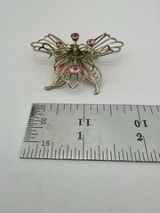 Gold Tone Open Work Vintage Butterfly Brooch w/ Bright Pink Round Rhinestone