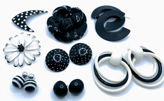 Lot 8 Dramatic 1960s-1980s Plastic Resin Metal Black & White Earrings & Brooches