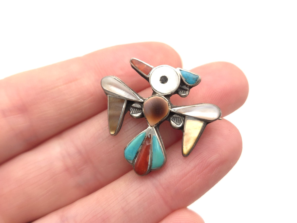 Vintage Zuni Sterling Multi Stone Turquoise Thunderbird Pin Brooch Hand Stamped