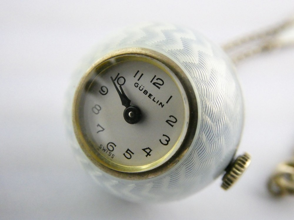 Gubelin Swiss White Guilloche Enamel Watch Necklace Sterling Silver WORKING 30g