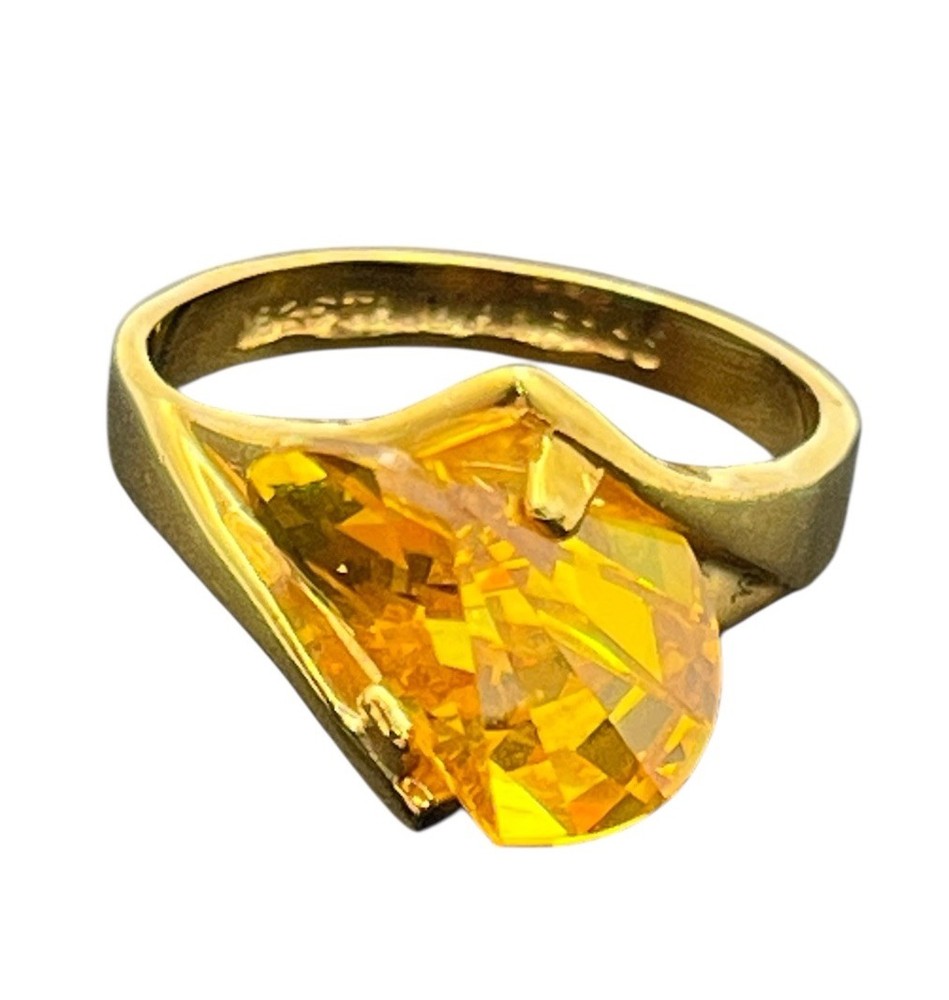 Gold plated fancy cut yellow orange stone cocktail ring size 8.25 vintage
