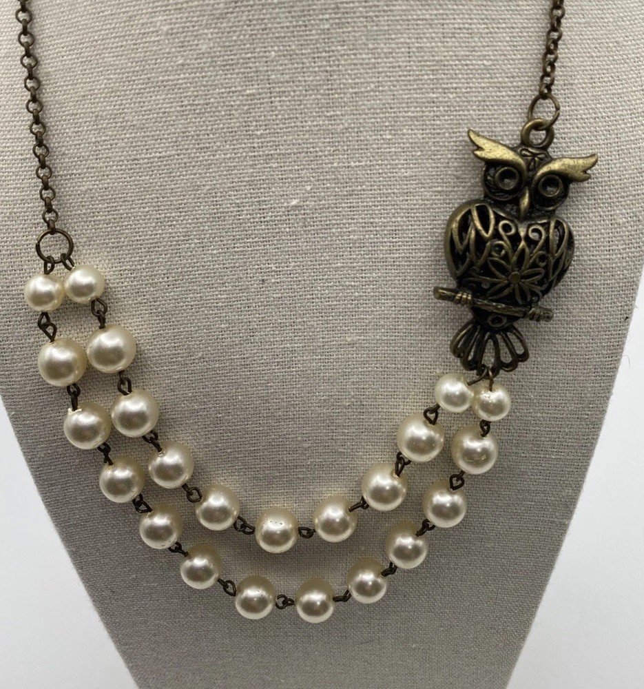 Boho Chic Owl Bird Double Layer Faux Pearl Necklace Jewelry