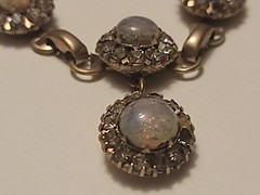 Vintage Faux Fire Opal Cabochon Clear Rhinestone Necklace Drop Pendant 15.5″