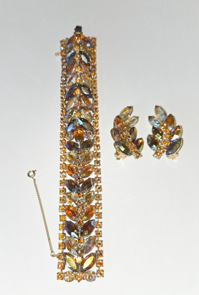 Vintage Juliana Aurora Borealis Goldtone Topaz Amber Bracelet & Earrings Set