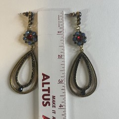 Vintage Dangle Earrings Gold Tone Black Red Blue Rhinestones Cluster Oval 3.5 In