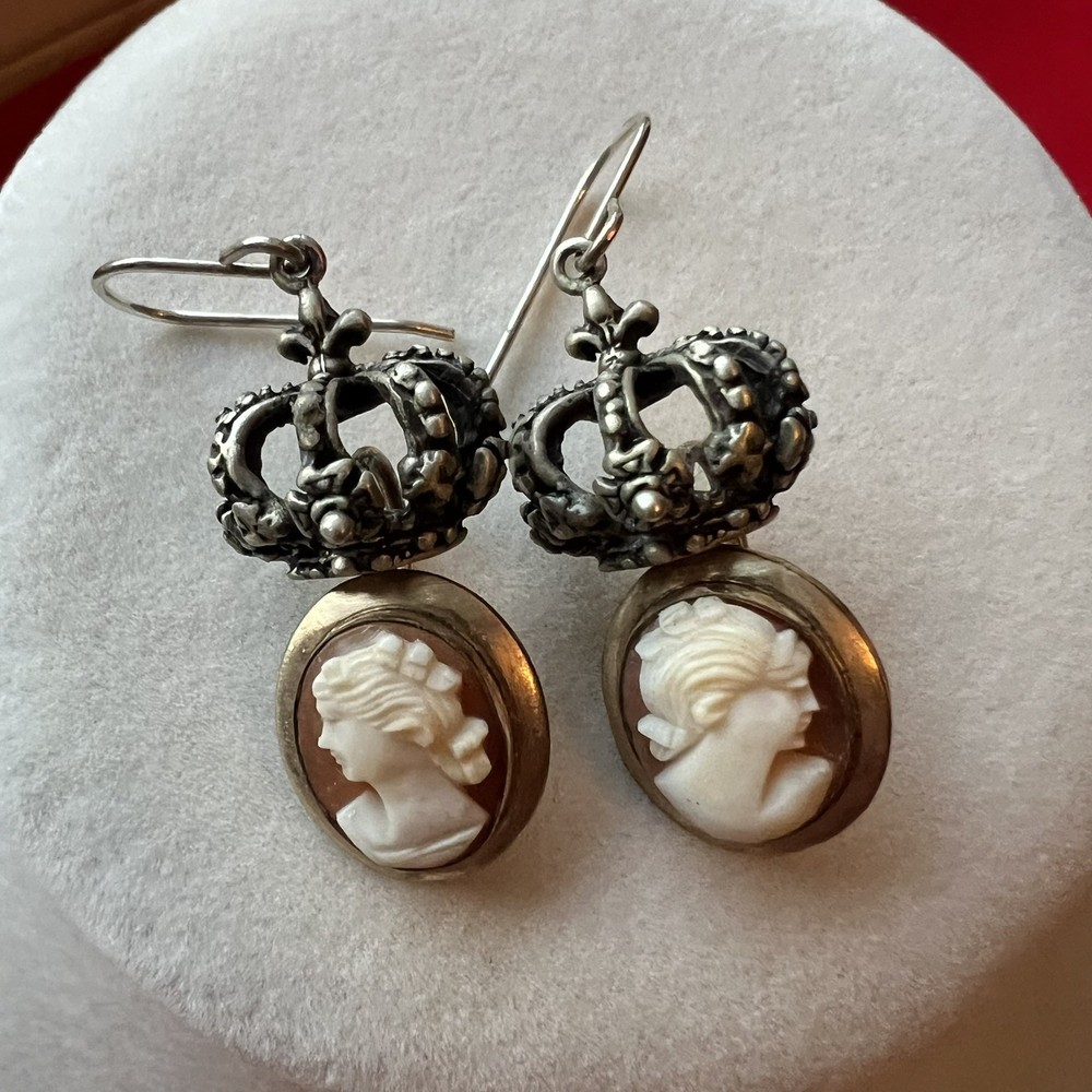 ARTISAN HANDCRAFTED CAMEO AND CROWN PIERCED VICTORIAN STYLE EARRINGS