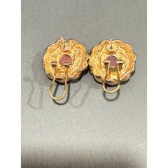 Earrings Pink Glass Cabochon Gold Tone Vintage Twisted Rope Border Clip On Post