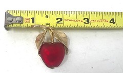 Vintage Napier Gold-Tone Apple Brooch With Red Glass Cabochon Leaf Detail 1.5 In