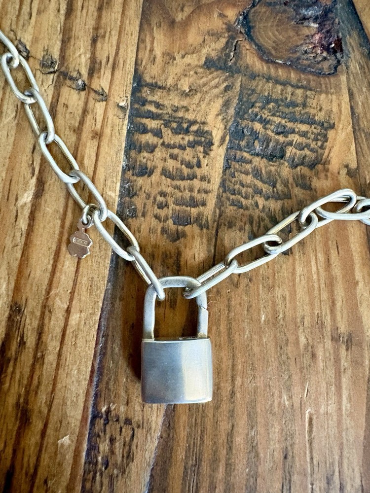 Vintage Golden Clef Sterling Silver Padlock Necklace On Paperclip Chain Italy
