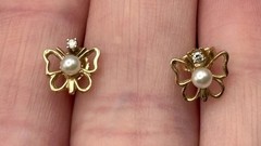 Vintage Solid 14K Yellow Gold Pearl Genuine Diamond Butterfly Stud Earrings