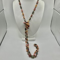 Vintage 48” Acrylic Rectangular Beads Necklace – Gold Tone Chain – Autumn Hues