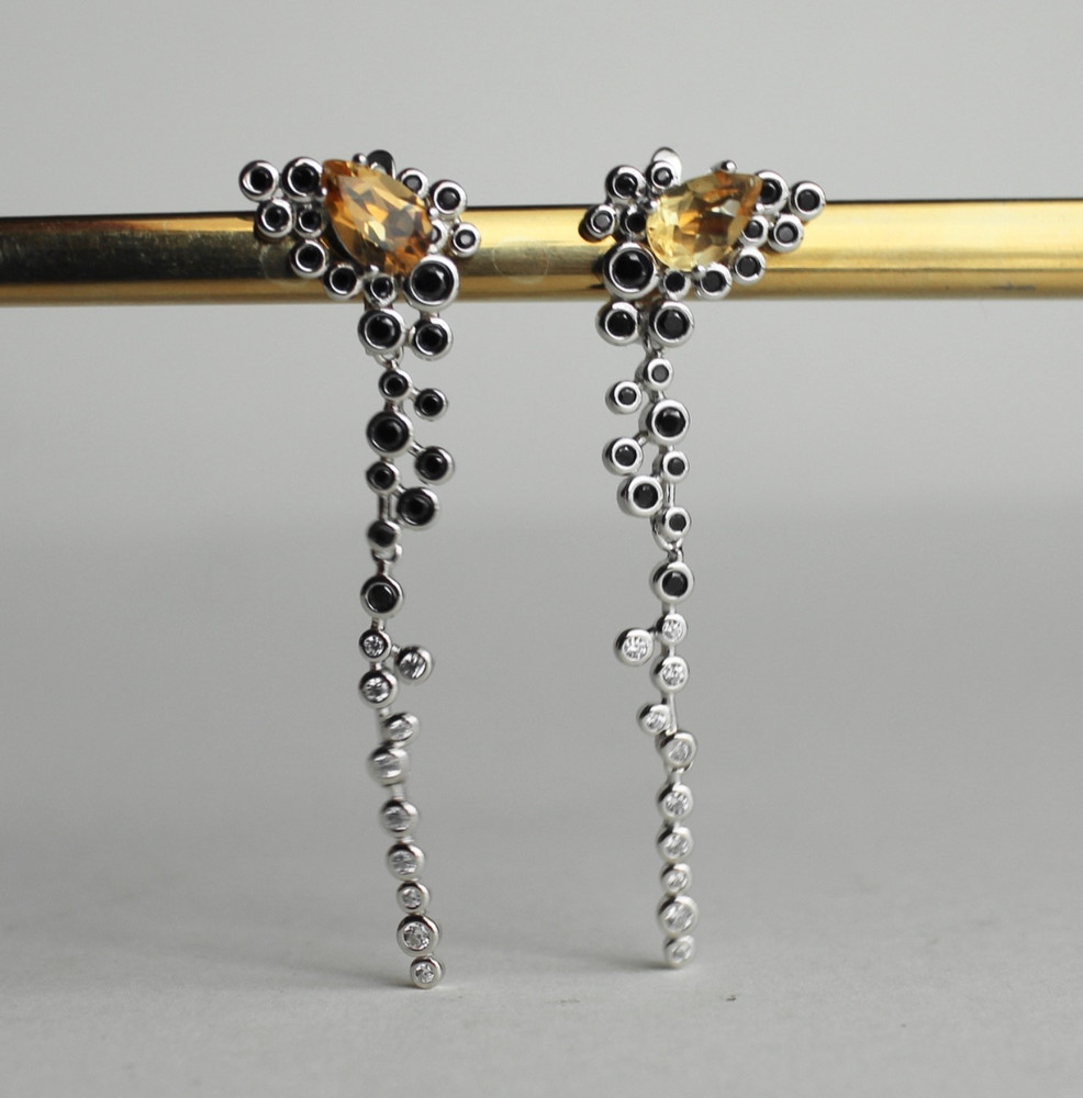 Sterling Silver 925 Citrine Black Onyx CZ Long Dangle Pierced Earrings
