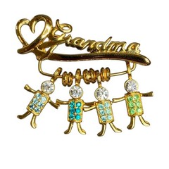 Grandma Charm Holder Pin Brooch 4 Boy Charms K.I.S. Gold Tone 80s