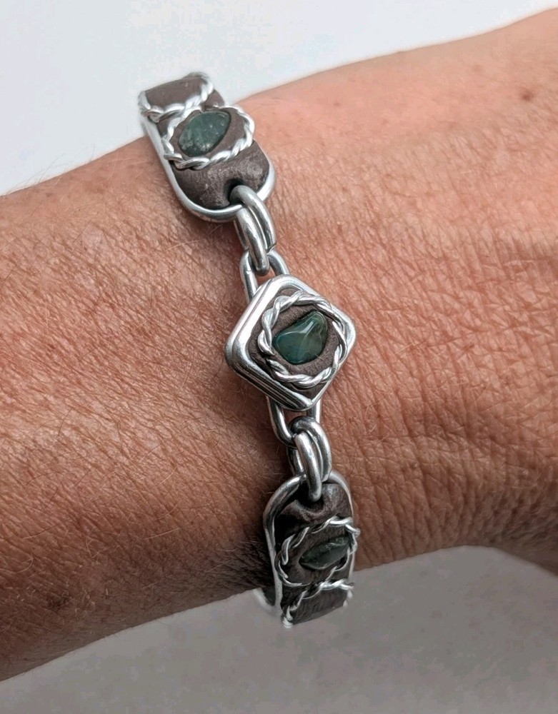 Dainty Vintage 50s Handmade Tin Art Green Stone And Leather Bracelet 6″