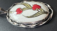Vintage 925 Sterling Silver Hand Painted Porcelain Floral Pendant 14.84g Oval