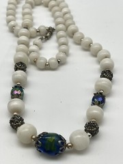 Vintage White Natural Stone Infused Art Glass Aurora Bead Crystals 28” Necklace