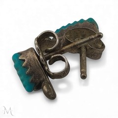 Vintage 925 Silver Turquoise Carved Stone Stud Earrings 6g Classic Everyday