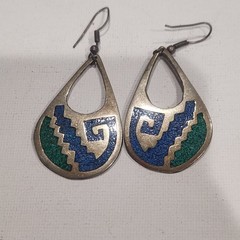 Vintage Alpaca Mexico Blue Green Crushed Stone Inlay Teardrop Earrings Geometric