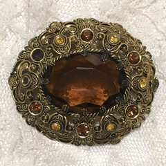 Vintage W Germany Brooch Gold Tone Brown Yellow Rhinestones